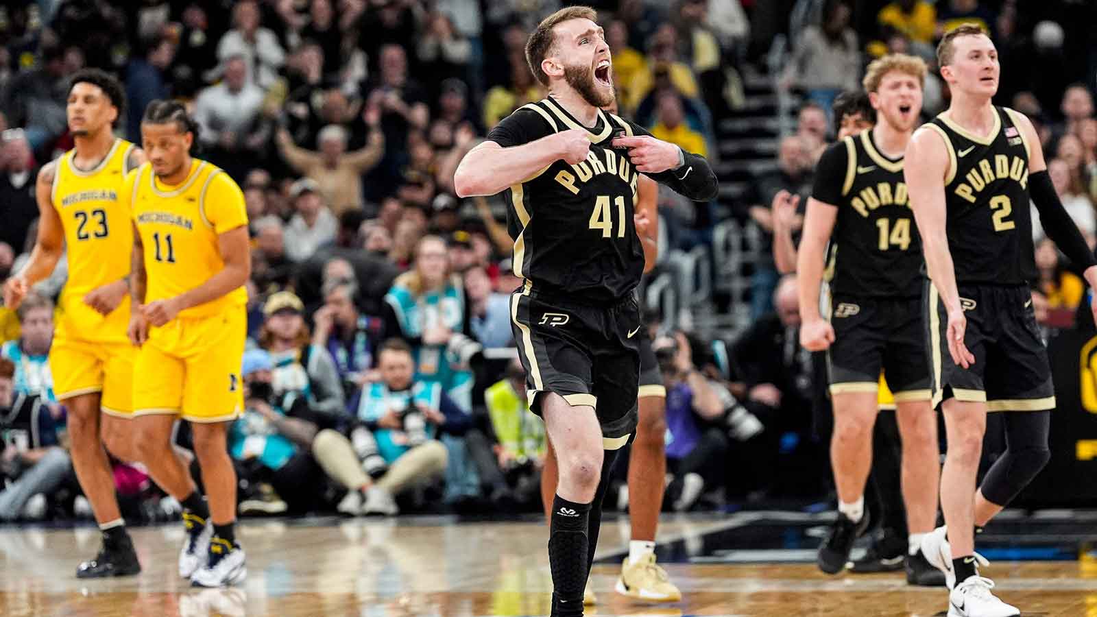 Purdue guard Braden Smith (41) celebrates a play against Michigan during the second half of Big Ten Tournament final at United Center in Chicago on Sunday, March 15, 2026.