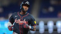 Atlanta Braves left fielder Jurickson Profar (7) circles the bases after hitting a home run against the Miami Marlins during the first inning at loanDepot Park.