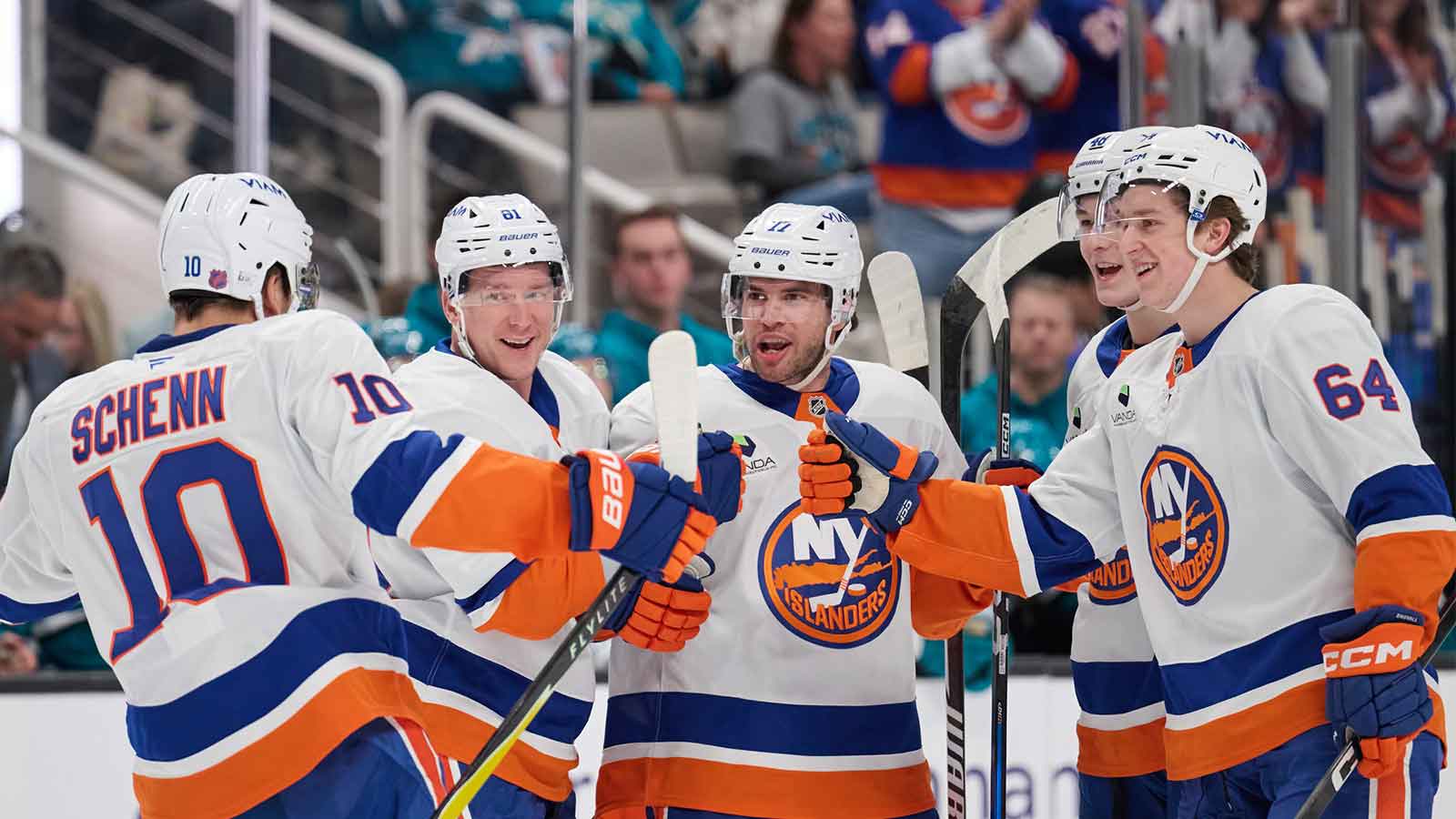New York Islanders defenseman Tony DeAngelo (77) celebrates with center Brayden Schenn (10), left wing Ondrej Palat (81), defenseman Matthew Schaefer (48) and center Calum Ritchie (64) after scoring a goal against the San Jose Sharks during the first period at SAP Center at San Jose. 