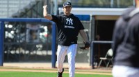 New York Yankees pitcher Brendan Beck (89) works out during spring training practices at George M. Steinbrenner Field.