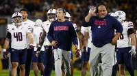 Arizona head coach Brent Brennan celebrates during a game against Arizona State at Mountain America Stadium in Tempe on Nov. 28, 2025.