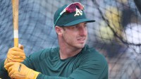 Athletics designated hitter Brent Rooker (25) in the batting cage before the game against the Pittsburgh Pirates at PNC Park.