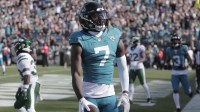 Dec 14, 2025; Jacksonville, Florida, USA; Jacksonville Jaguars wide receiver Brian Thomas Jr. (7) reacts after scoring a touchdown in the first quarter against the New York Jets at EverBank Stadium. Mandatory Credit: Travis Register-Imagn Images