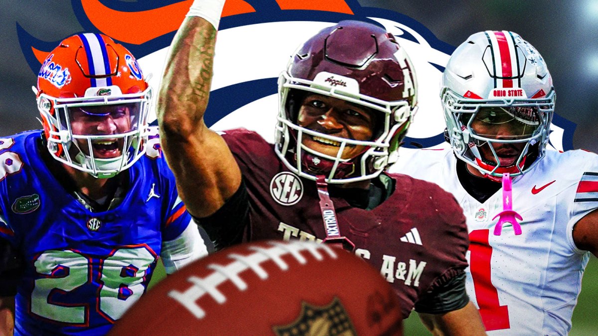 KC Concepcion, Davison Igbinosun, Devin Moore all beside each other, Denver Broncos wallpaper in the background