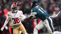 Philadelphia Eagles wide receiver A.J. Brown (11) is unable to make a catch as San Francisco 49ers safety Marques Sigle (36) looks on during the second quarter in an NFC Wild Card Round game at Lincoln Financial Field.