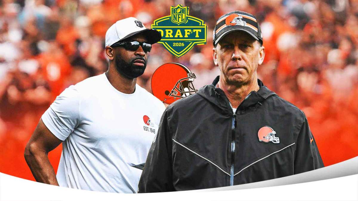 Browns GM Andrew Berry and Browns HC Todd Monken. 2026 NFL Draft logo and Cleveland Browns logo behind them.