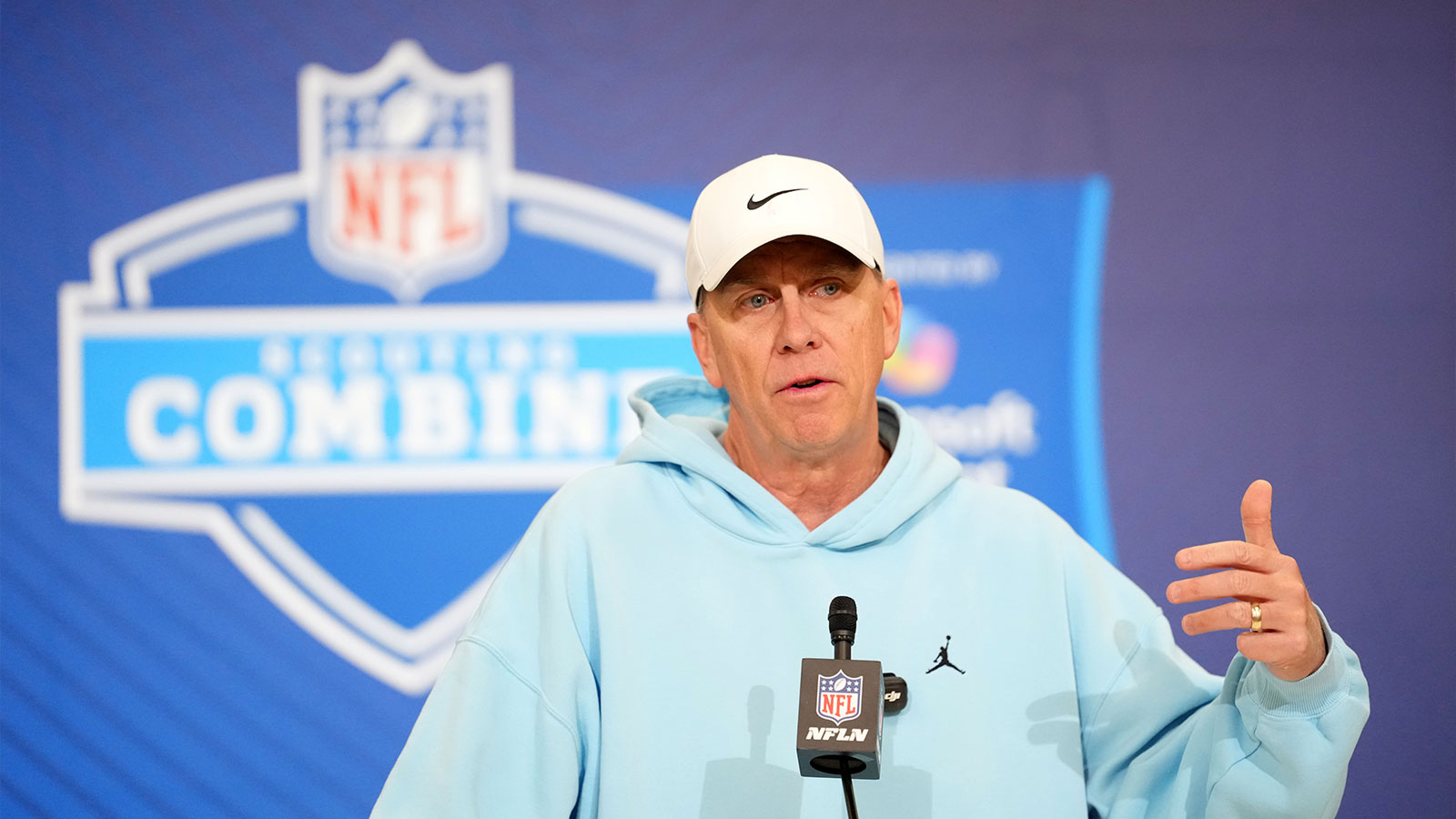 Cleveland Browns coach Todd Monken speaks during the NFL Scouting Combine at the Indiana Convention Center.