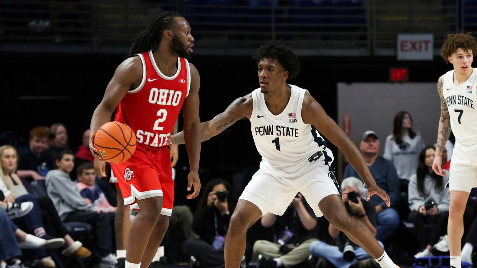 Ohio State Buckeyes guard Bruce Thornton (2) looks to pass the ball as Penn State Nittany Lions forward Mason Blackwood (1) defends during the second half at Bryce Jordan Center.