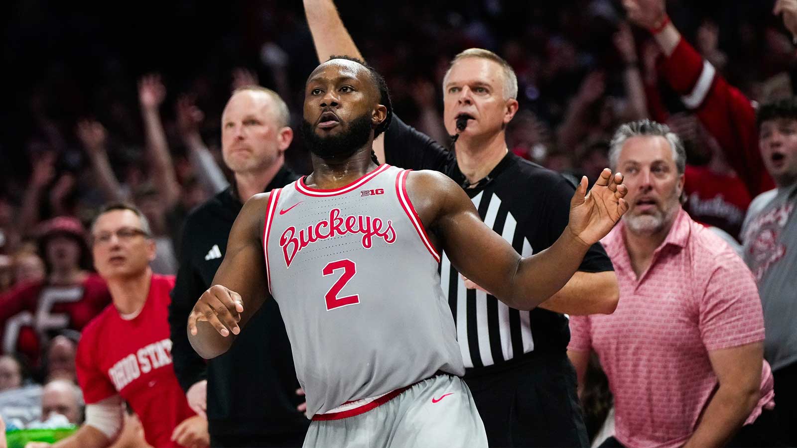Ohio State Buckeyes guard Bruce Thornton (2) watches the ball he shot from the three point line waiting to become Ohio State men's basketball's all-time leading scorer in the first half of the NCAA game at Value City Arena on Saturday, March 7, 2026 in Columbus, Ohio.