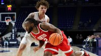 Ohio State Buckeyes guard Bruce Thornton (2) drives the ball towards the basket as Penn State Nittany Lions guard Dominick Stewart (7) defends during the second half at Bryce Jordan Center.