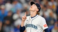 Seattle Mariners pitcher Bryce Miller (50) reacts after being pulled from the game against the Toronto Blue Jays during the fifth inning during game five of the ALCS round for the 2025 MLB playoffs at T-Mobile Park.