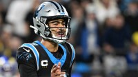 Carolina Panthers quarterback Bryce Young (9) reacts in the fourth quarter in an NFC Wild Card Round game at Bank of America Stadium.