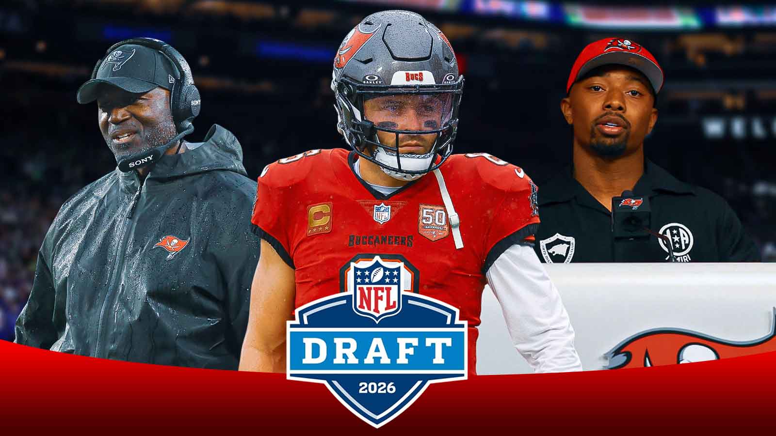 Baker Mayfield, Kenneth Gainwell, coach Todd Bowles all beside each other, NFL Draft logo in the background