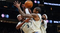 Bucks center Myles Turner (3), guard Kevin Porter Jr. (7) and forward Bobby Portis (9) jump for the rebound against the Atlanta Hawks during the first quarter at State Farm Arena Is Bobby Portis playing tonight versus the Spurs?
