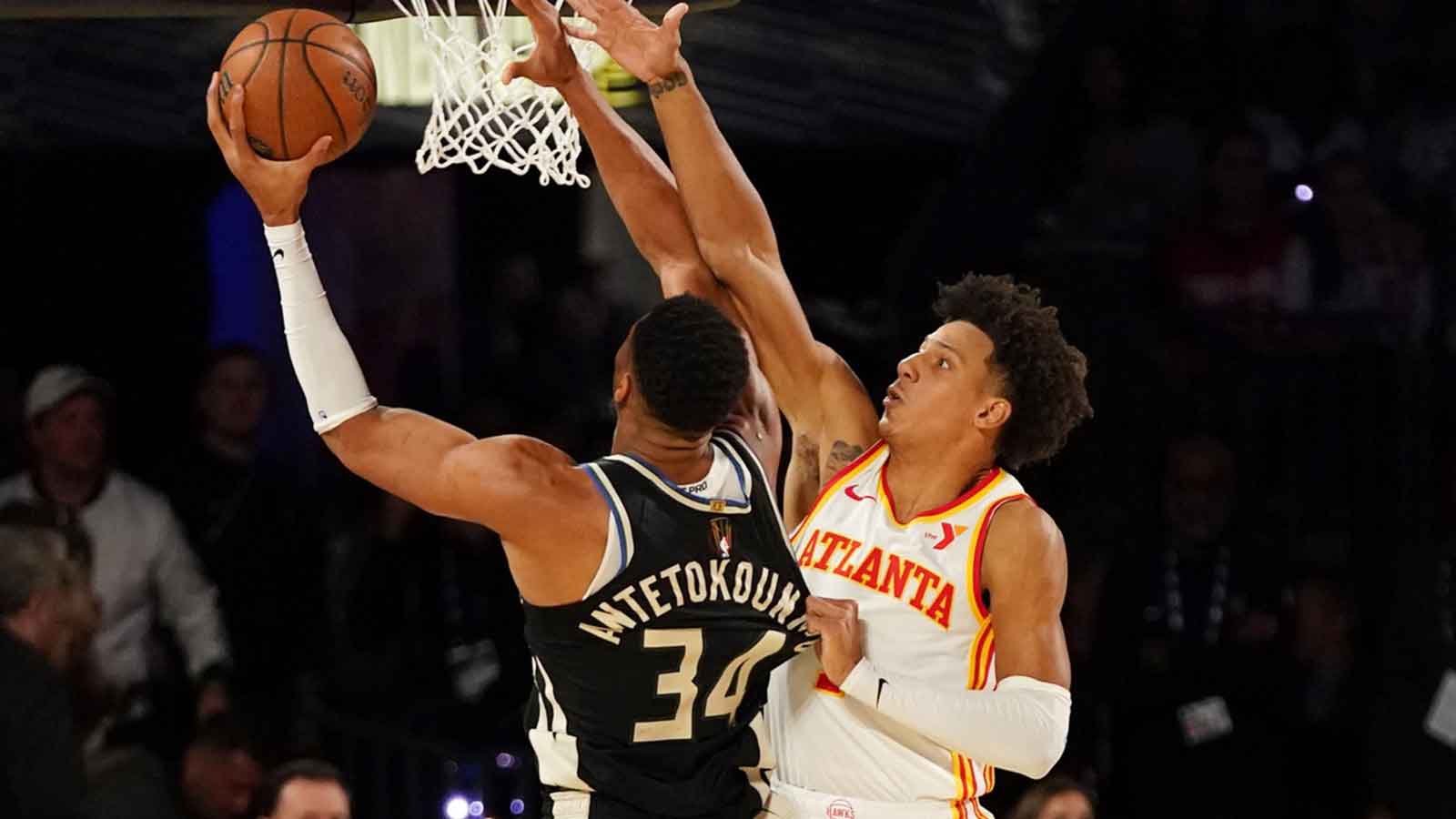 Bucks star Giannis Antetokounmpo gives Jalen Johnson his flowers before Hawks clash