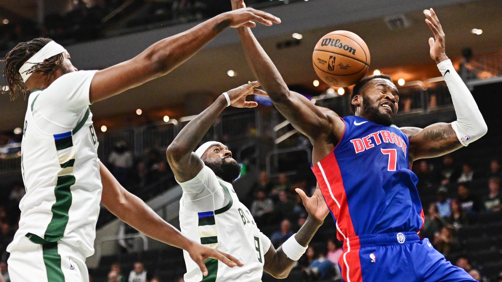 Bucks center Myles Turner (3) and forward Bobby Portis (9) in the second quarter at Fiserv Forum