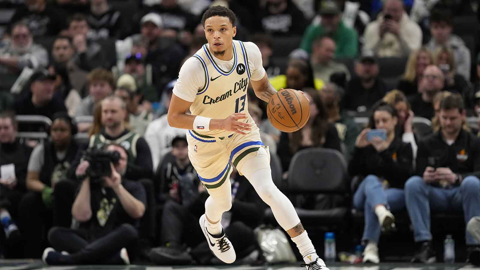 Milwaukee Bucks guard Ryan Rollins (13) during the game against the San Antonio Spurs at Fiserv Forum. 