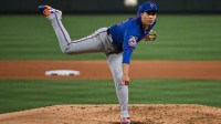 New York Mets starting pitcher Kodai Senga (34) pitches against the St. Louis Cardinals during the fourth inning at Busch Stadium.