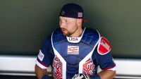 Team USA catcher Cal Raleigh against the San Francisco Giants during a spring training game at Scottsdale Stadium.