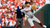 Boston Red Sox third baseman Caleb Durbin (5) throws to first to get Cincinnati Reds first baseman Sal Stewart (not pictured) out in the fourth inning at Great American Ball Park.