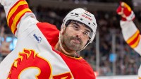 Calgary Flames center Nazem Kadri (91) celebrates his goal during the third period against the San Jose Sharks at SAP Center at San Jose.