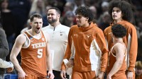 Texas Longhorns forward Camden Heide (5) celebrates with teammates after defeating the Gonzaga Bulldogs during a second round game of the men's 2026 NCAA Tournament at Moda Center.