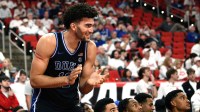 Duke Blue Devils forward Cameron Boozer (12) reacts during the second half against the NC State Wolfpack at Lenovo Center.