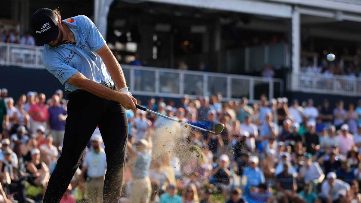 Cameron Young tees off on the 17th hole during the fourth round of The Players Championship PGA golf tournament at TPC Sawgrass, Sunday, March 15, 2026, in Ponte Vedra Beach, Fla. Cameron Young won the tournament at 13 under par, one stroke over Matt Fitzpatrick.