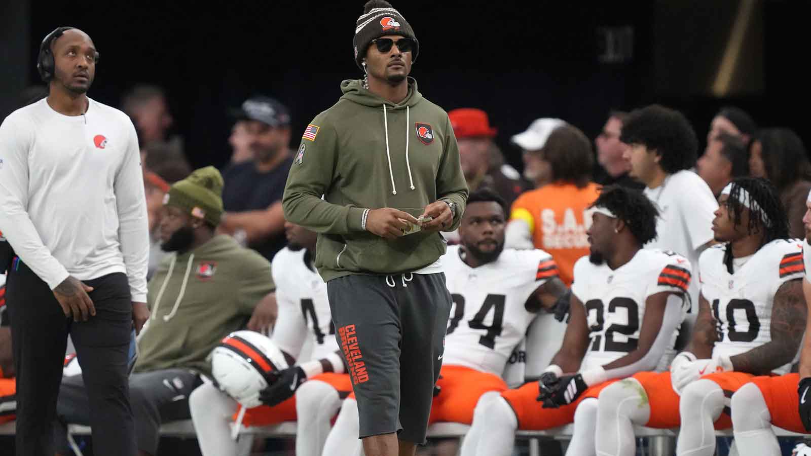 Cleveland Browns quarterback Deshaun Watson (4) looks on in the first half against the Las Vegas Raiders at Allegiant Stadium.