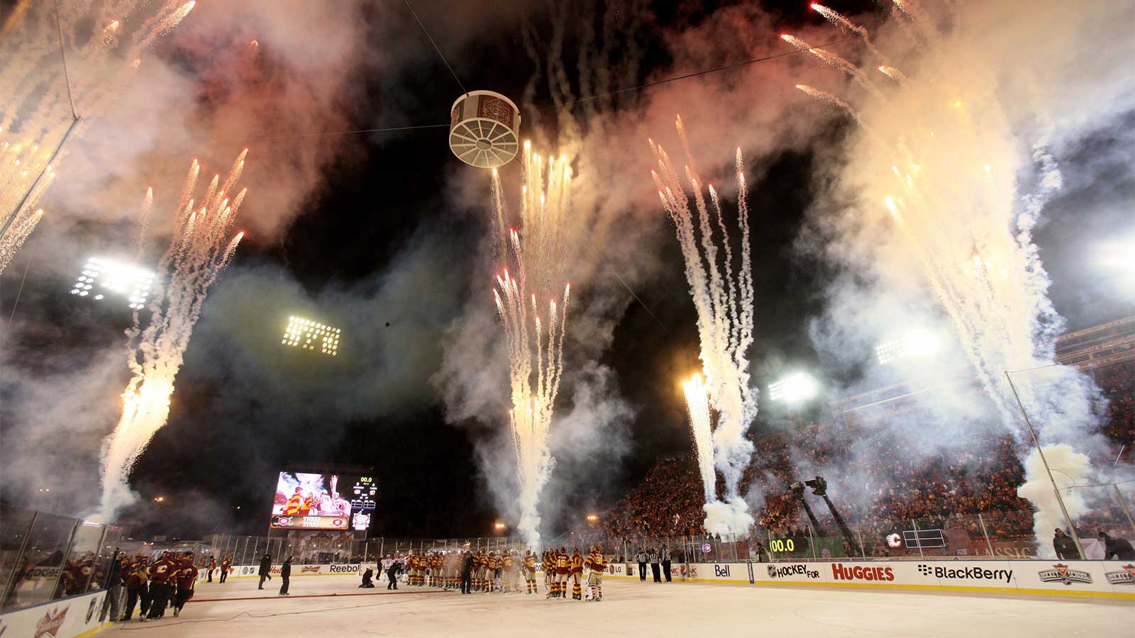 Fireworks explode after the Calgary Flames 4-0 victory over the Montreal Canadiens in the Heritage Classic at McMahon Stadium.