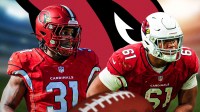 Texas Tech edge rusher David Bailey and and Miami tackle Francisc Mauigoa both wearing Arizona Cardinals jerseys. There is also a logo for the Arizona Cardinals in the background.