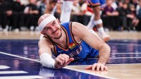 Oklahoma City Thunder guard Alex Caruso (9) reacts after being fouled during the first half against the New York Knicks at Madison Square Garden.