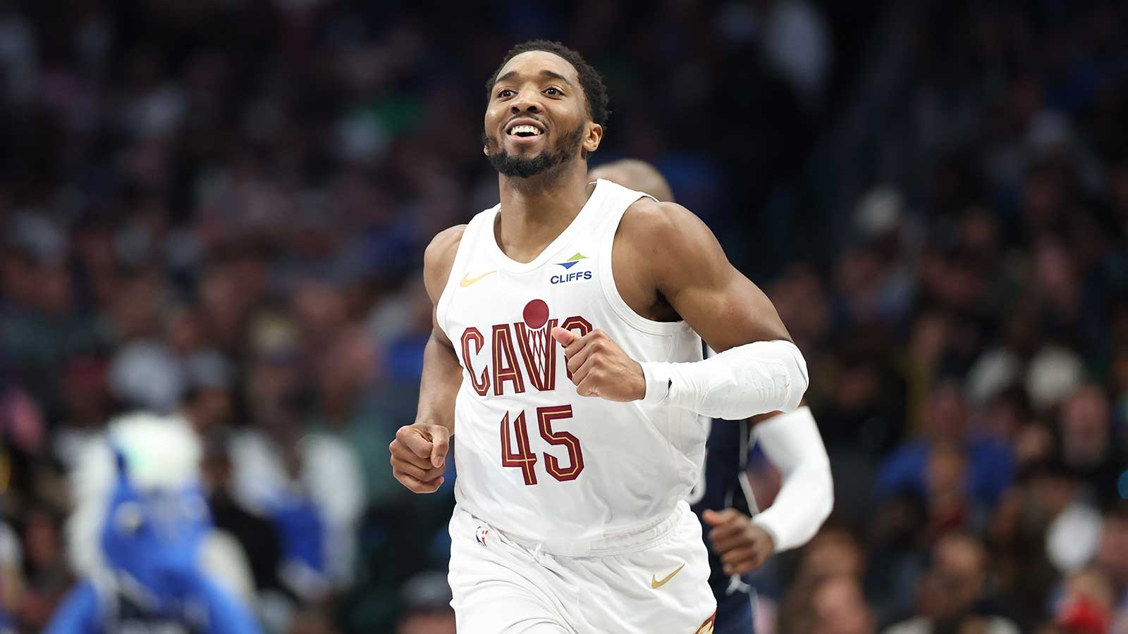 Cavaliers guard Donovan Mitchell (45) reacts after scoring during the second half against the Dallas Mavericks at American Airlines Center