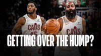 Cavs' Donovan Mitchell and James Harden looking serious, NBA playoffs logo under them, caption below: GETTING OVER THE HUMP?