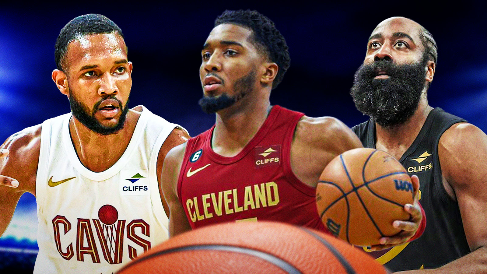 Donovan Mitchell, James Harden, Evan Mobley all beside each other, Dark skies in the background