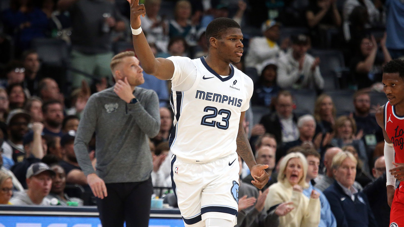 Memphis Grizzlies forward Cedric Coward (23) reacts during the fourth quarter against the Los Angeles Clippers at FedExForum.