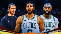 Graphic with Boston Celtics' Joe Mazzulla, Jayson Tatum, and Jaylen Brown with the NBA Playoffs logo.