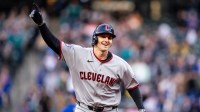 Cleveland Guardians right fielder Chase DeLauter (24) rounds the bases after hitting a solo home run during the first inning against the Seattle Mariners at T-Mobile Park
