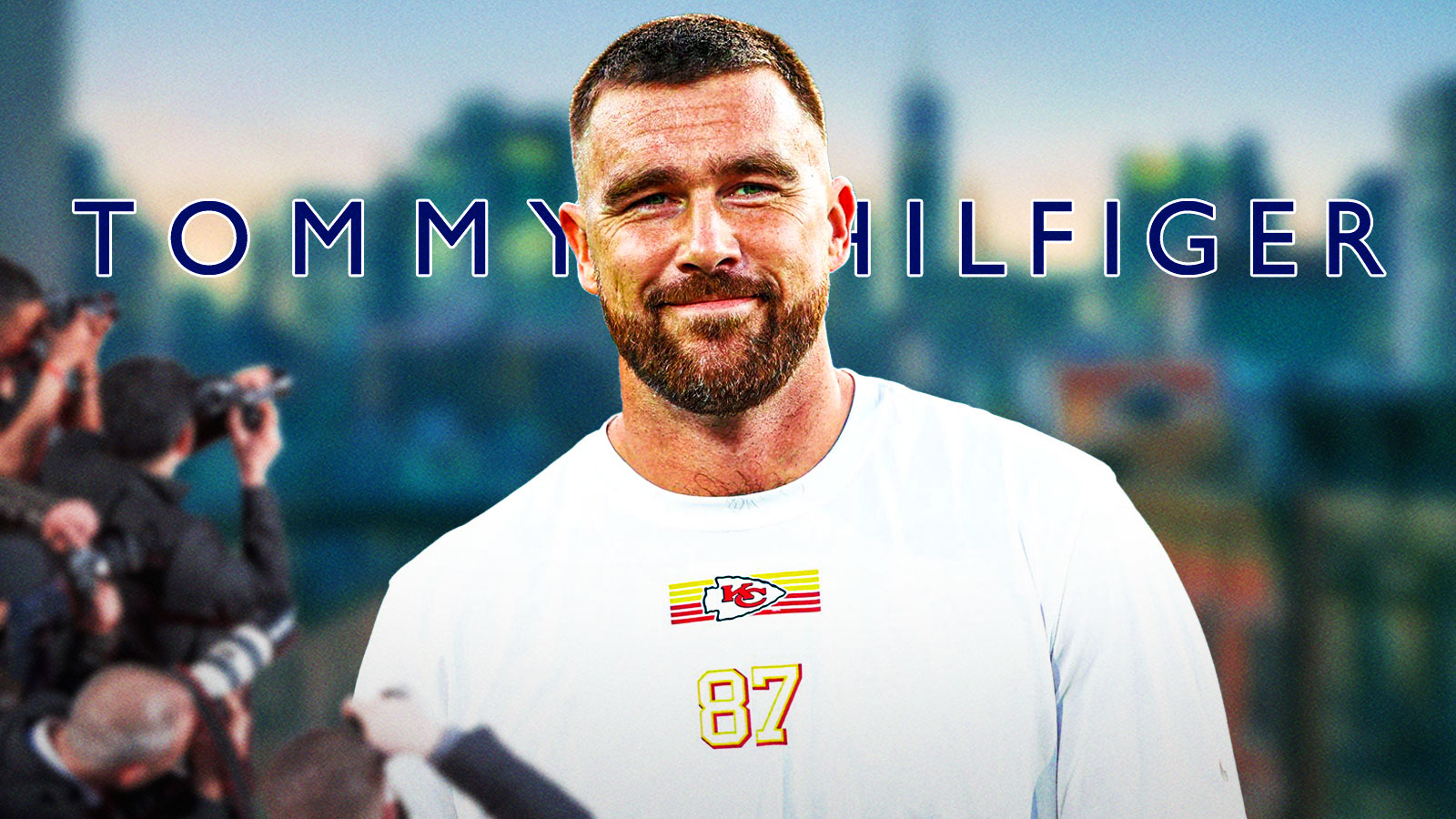 Kansas City Chiefs tight end Travis Kelce with Tommy Hilfiger brand logo behind him.