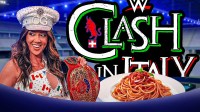 Chelsea Green with WWE Clash in Paris logo and pasta, which fans can make with a Superstar for $11.5K, and Inalpi Arena background.