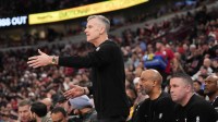 Mar 19, 2026; Chicago, Illinois, USA; Chicago Bulls Head Coach Billy Donovan gestures to his team against the Cleveland Cavaliers during the first quarter at United Center. Mandatory Credit: David Banks-Imagn Images