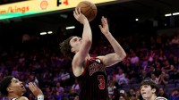 Mar 8, 2026; Sacramento, California, USA; Chicago Bulls guard Josh Giddey (3) shoots the ball against the Sacramento Kings during the fourth quarter at Golden 1 Center. Mandatory Credit: Dennis Lee-Imagn Images
