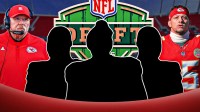 Coach Andy Reid and Patrick Mahomes beside each other, 3 mystery players around them, NFL Draft logo in the background