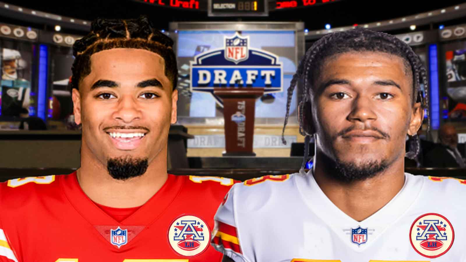Mansoor Delane and KC Concepcion in Chiefs jerseys with an NFL draft background.