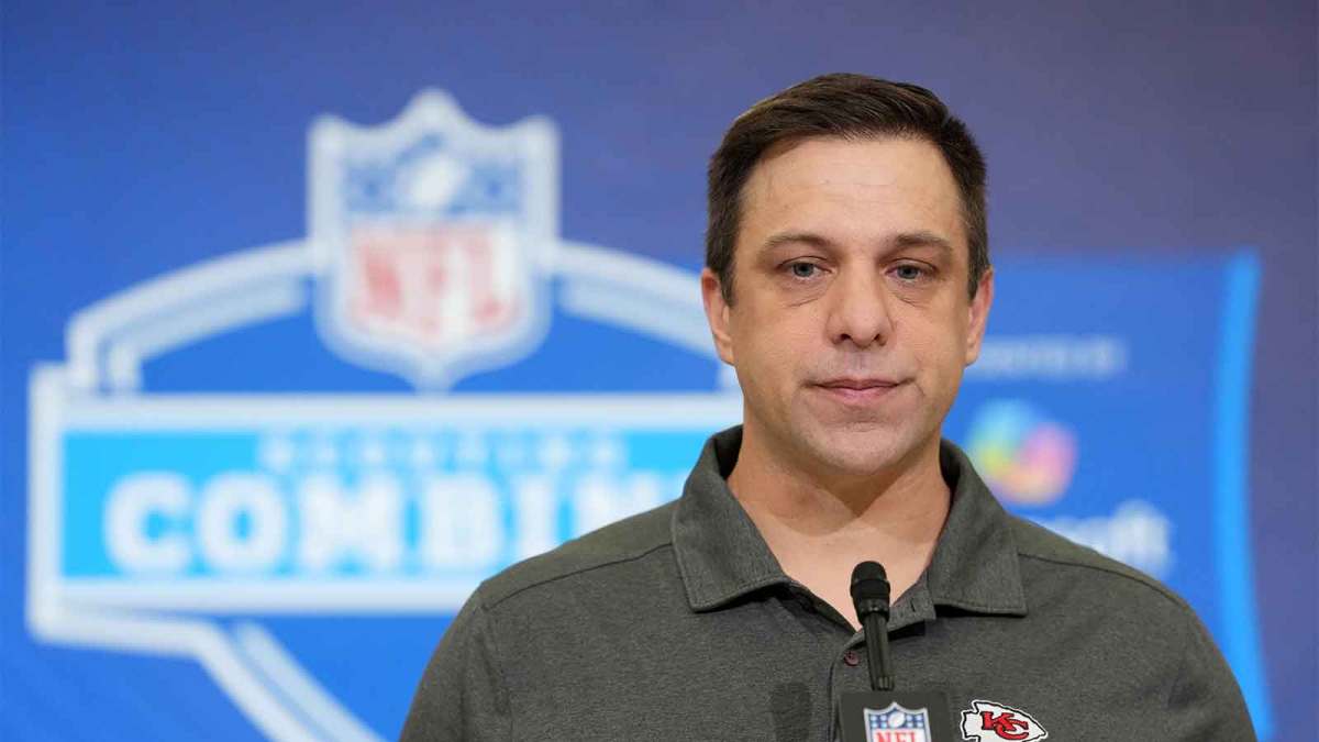 Kansas City Chiefs general manager Brett Veach speaks at the NFL Scouting Combine at the Indiana Convention Center.