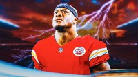 Kenneth Walker III in a Kansas City Chiefs uniform, Thunderbolts in the background