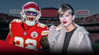 Former Kansas City Chiefs cornerback Trent McDuffie, who was traded to the Los Angeles Rams, and Taylor Swift with GEHA Field at Arrowhead Stadium background.