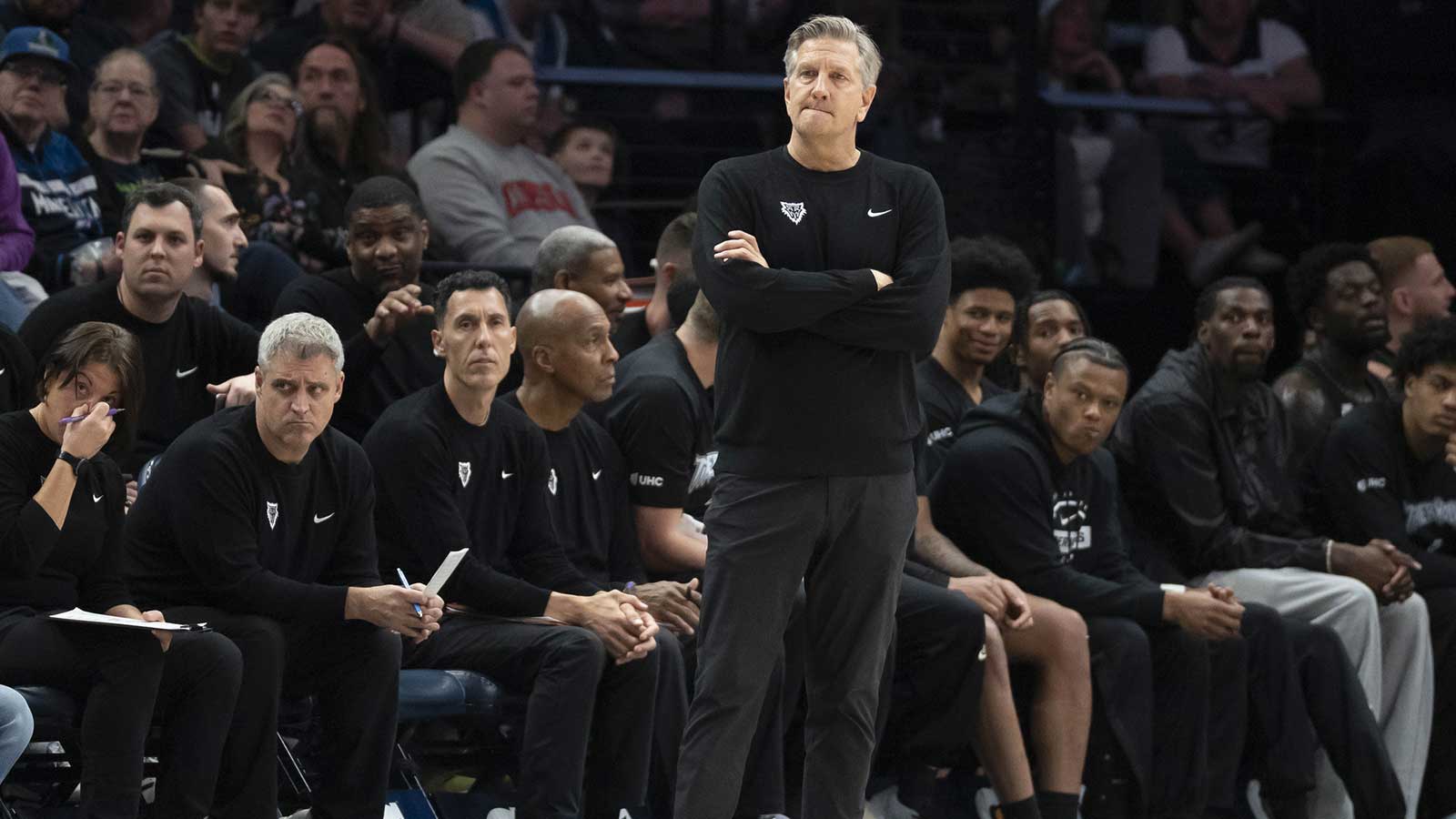 Minnesota Timberwolves head coach Chris Finch looks on against the Portland Trail Blazers in the second half at Target Center.