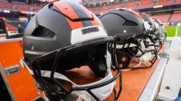 A general view of Cleveland Browns helmets before the game between the Browns and the Miami Dolphins at Huntington Bank Field.