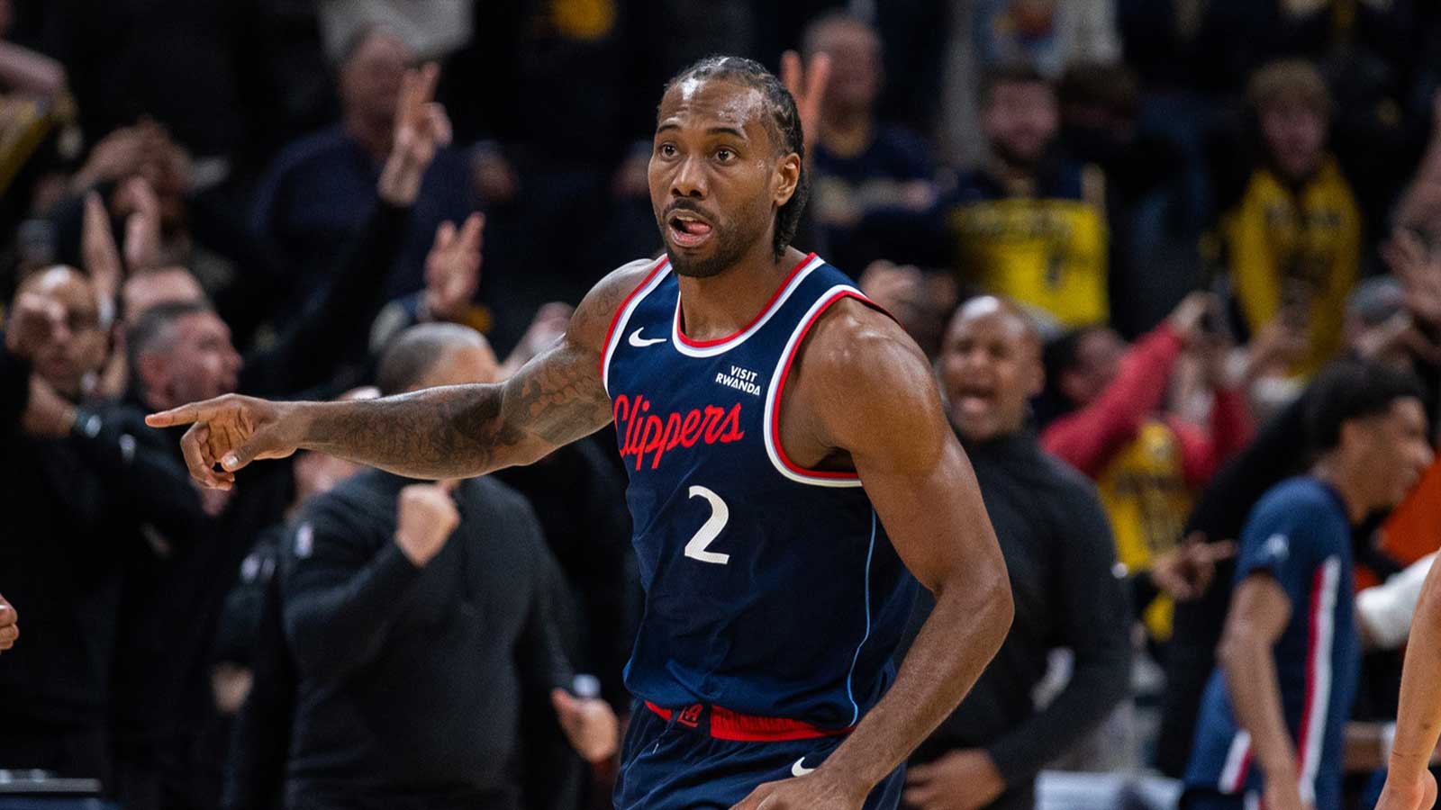 Clippers forward Kawhi Leonard (2) celebrates the game winning shot in the second half against the Indiana Pacers at Gainbridge Fieldhouse